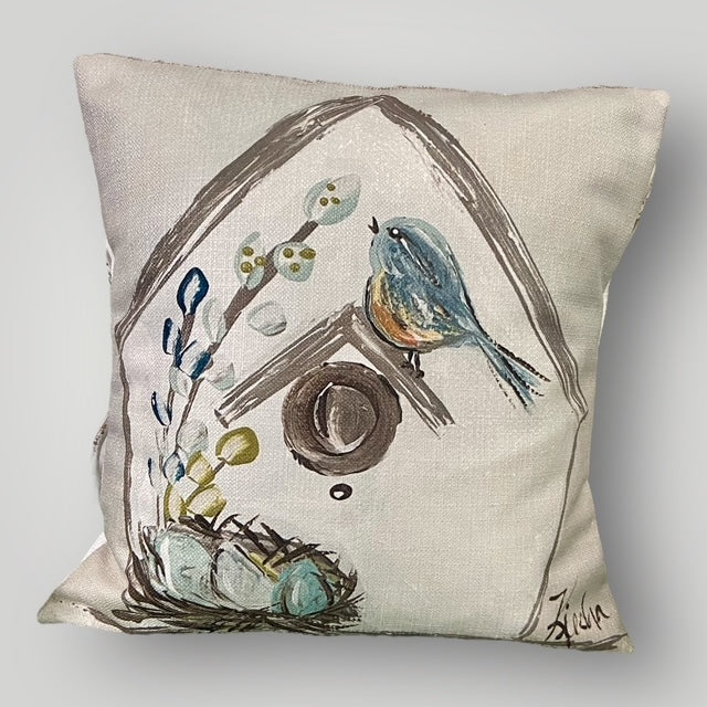 Birdhouse with Bird Throw Pillow