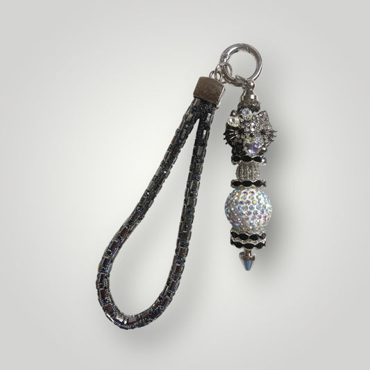 Blingy Beaded Wristlet Keychain - Gunmetal with Rhinestone Kitty