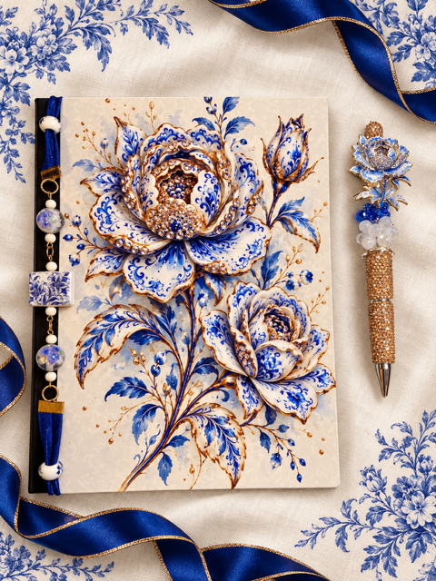 Roses - Blue and White Composition Notebook & Fancy Pen Set