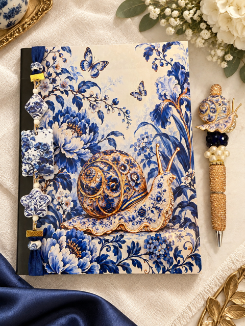 Snail - Blue and White Composition Notebook & Fancy Pen Set