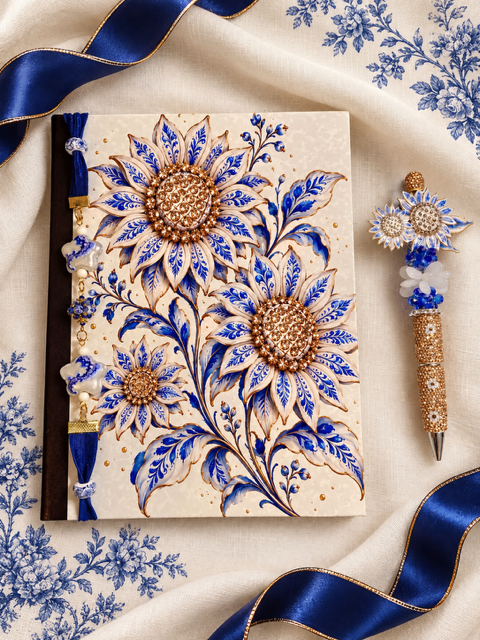 Sunflowers - Blue and White Composition Notebook & Fancy Pen Set