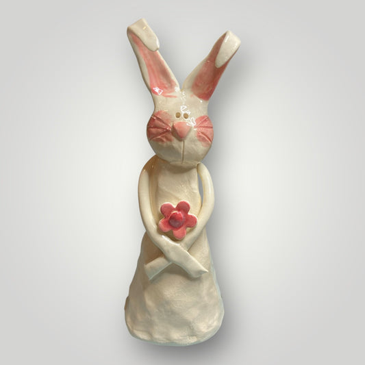 Bunny Holding Hot Pink Flower - Figurine - Heartfelt Traditions Pottery
