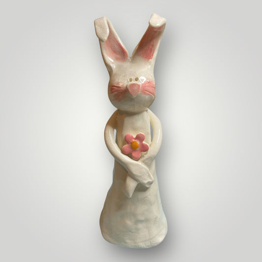 Bunny Holding Pink Flower #1 - Figurine - Heartfelt Traditions Pottery