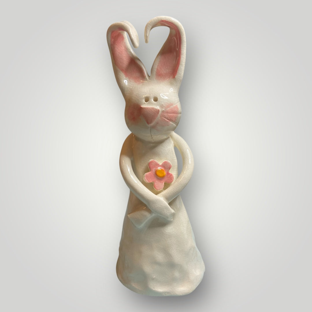 Bunny Holding Pink Flower #3 - Figurine - Heartfelt Traditions Pottery