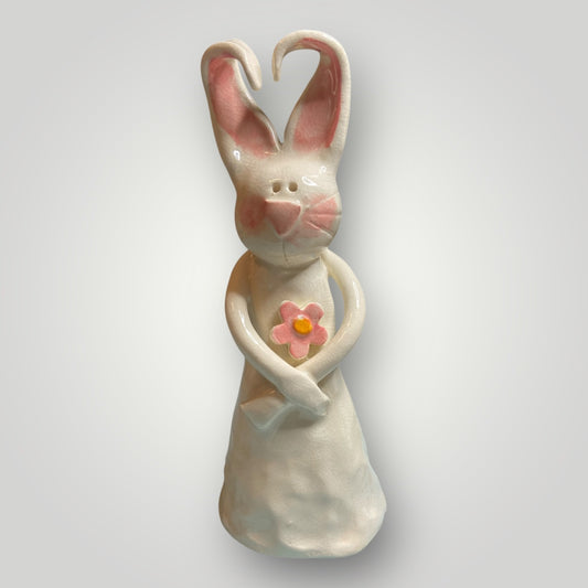 Bunny Holding Pink Flower #3 - Figurine - Heartfelt Traditions Pottery