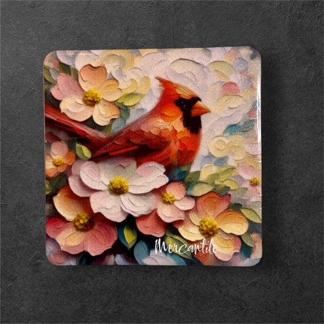 Cardinal Among the Peach Blooms - Magnet