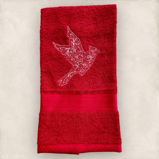 Cardinal with Poinsettias - Embroidered Hand Towel