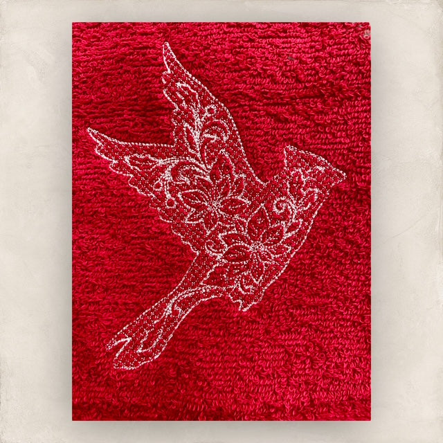 Cardinal with Poinsettias - Embroidered Hand Towel