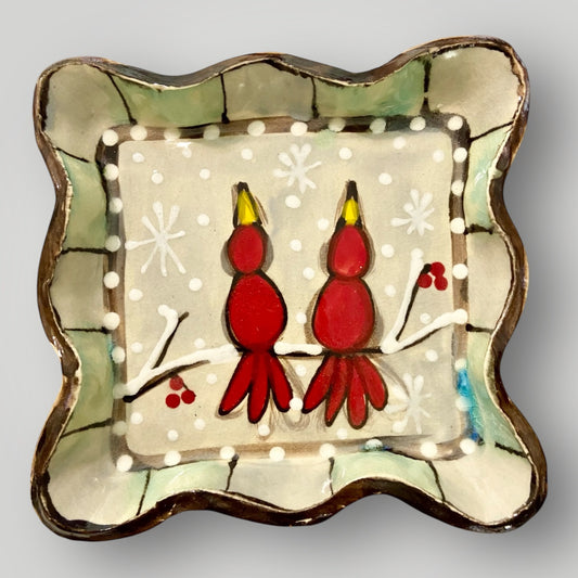 Christmas Candle Plate - 2 Cardinals - Heartfelt Traditions Pottery