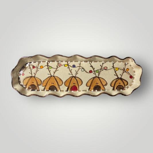 Christmas Cracker Tray - Reindeer with Christmas Lights - Heartfelt Traditions Pottery