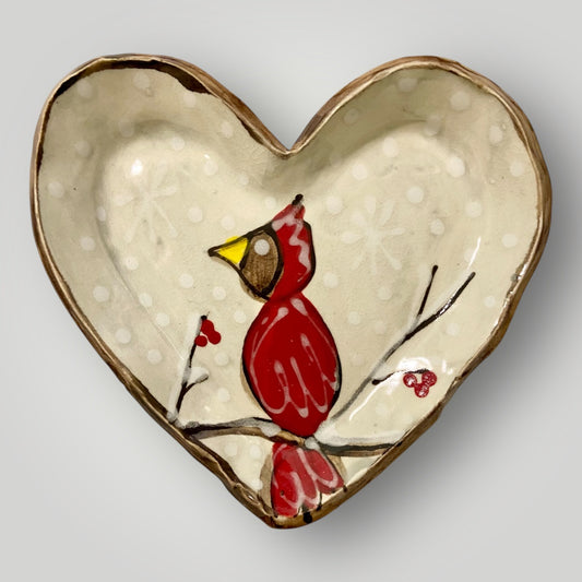 Christmas Heart Shaped Tray - Cardinal - Heartfelt Traditions Pottery