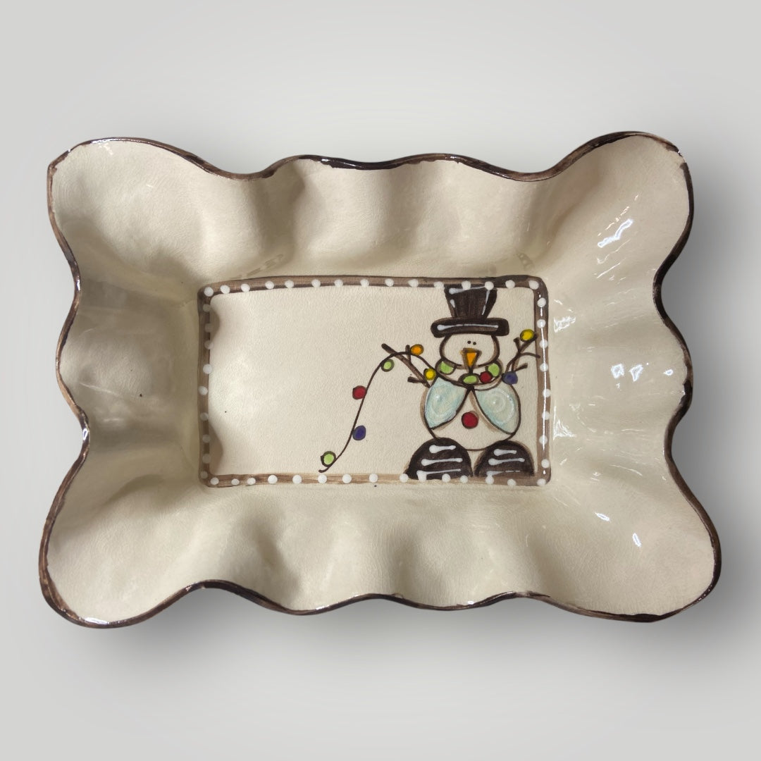 Christmas Medium Baking Dish - Snowman Lights - Heartfelt Traditions Pottery
