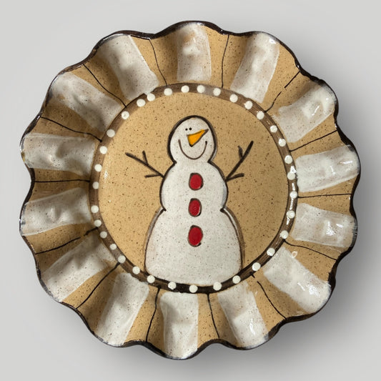 Christmas Medium Round Dish - Snowman Speckle - Heartfelt Traditions Pottery