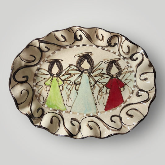 Christmas Oval Ruffle Bowl - Angel Trio - Heartfelt Traditions Pottery