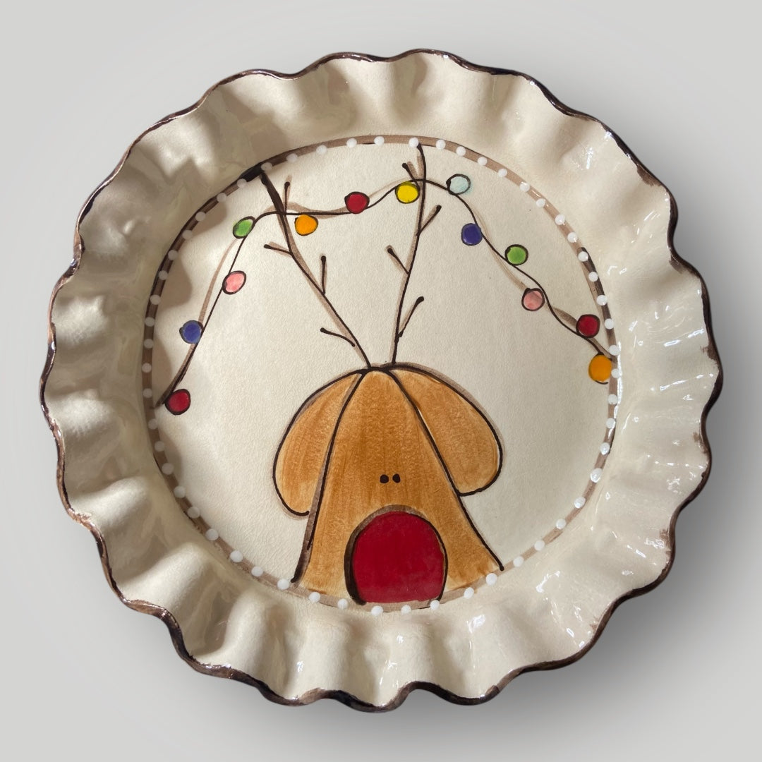 Christmas Pie Plate - Reindeer with Christmas Lights - Heartfelt Traditions Pottery