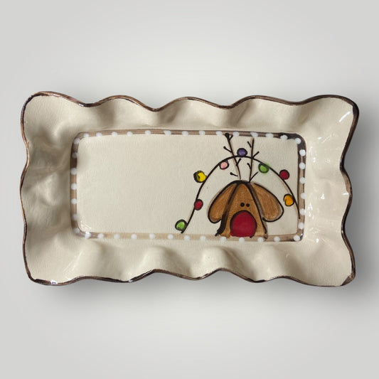 Christmas Rectangle Ruffle Tray - Large - Reindeer with Christmas Lights - Heartfelt Traditions Pottery