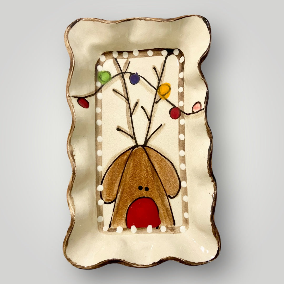 Christmas Rectangle Ruffle Tray - Reindeer with Christmas Lights - Heartfelt Traditions Pottery