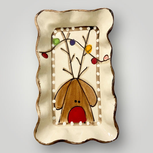 Christmas Rectangle Ruffle Tray - Reindeer with Christmas Lights - Heartfelt Traditions Pottery