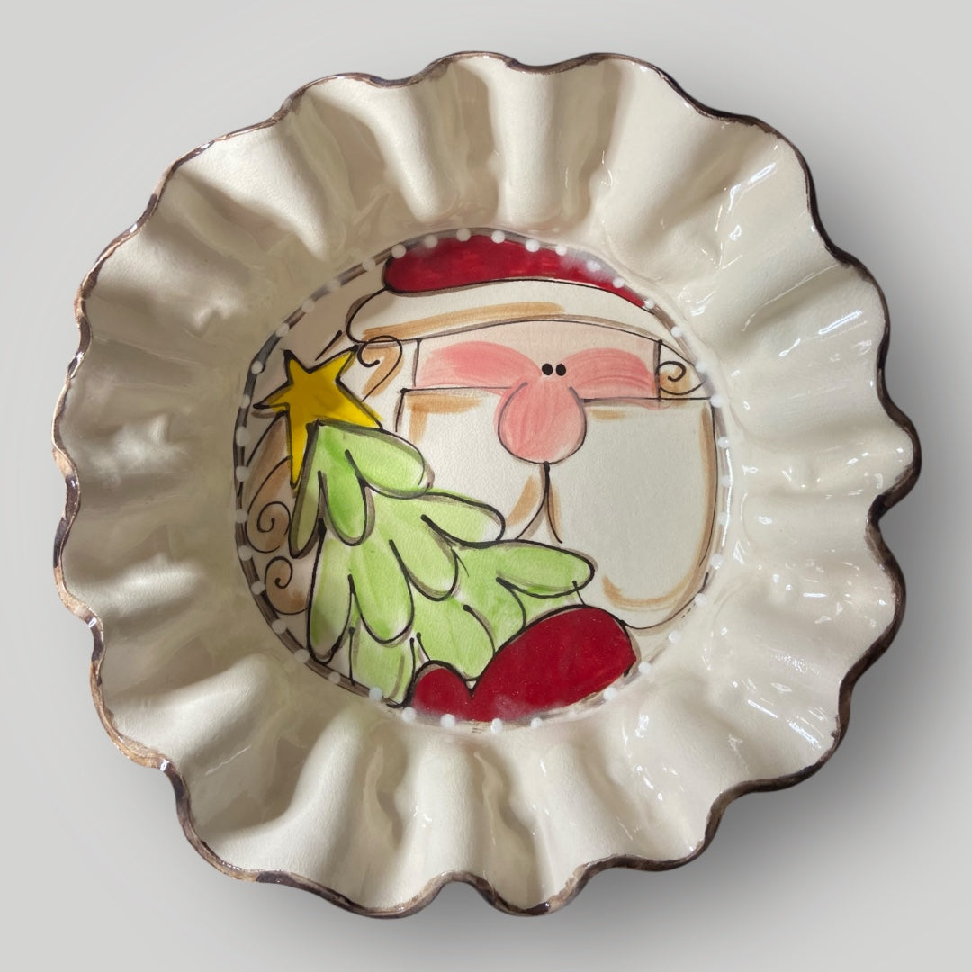 Christmas Round Ruffle Bowl - Santa with Tree - Heartfelt Traditions Pottery
