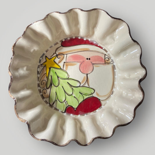 Christmas Round Ruffle Bowl - Santa with Tree - Heartfelt Traditions Pottery