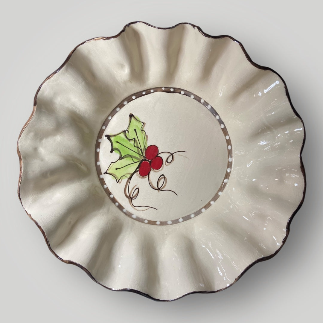 Christmas Round Serving Bowl - Holly Berries - Heartfelt Traditions Pottery