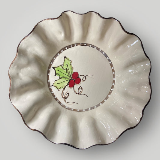 Christmas Round Serving Bowl - Holly Berries - Heartfelt Traditions Pottery