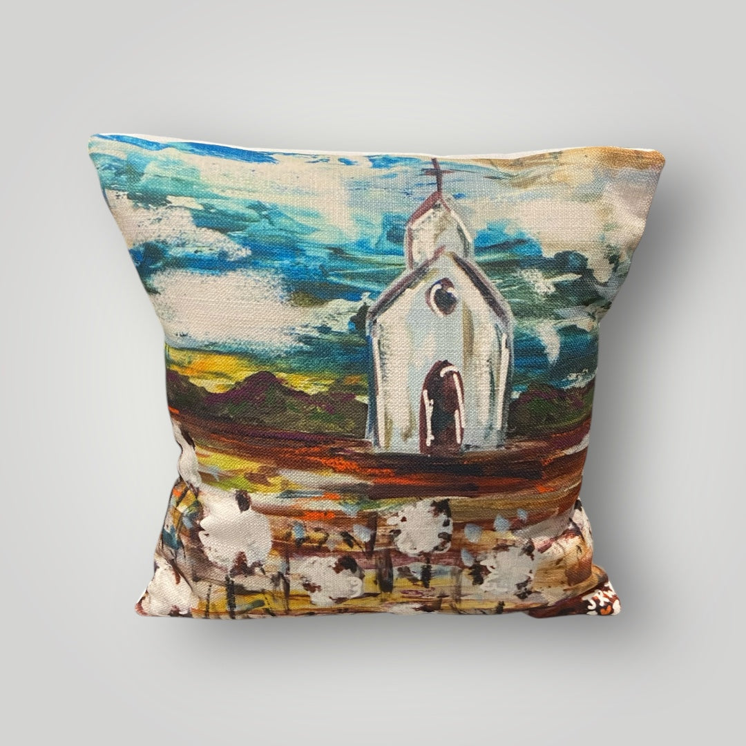 Church with Cotton Field Throw Pillow