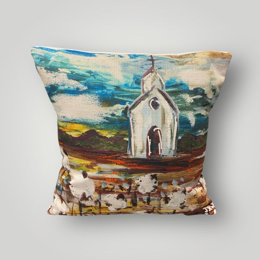 Church with Cotton Field Throw Pillow