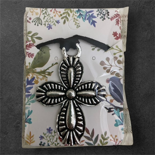 Design Cross Suede Cord Necklace - Pewter - JNL-128