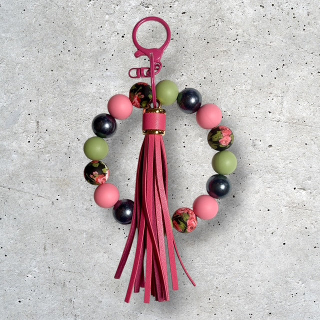 Floral beaded wristlet keychain with multicolor floral beads