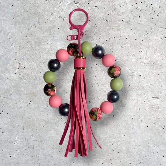 Floral beaded wristlet keychain with multicolor floral beads