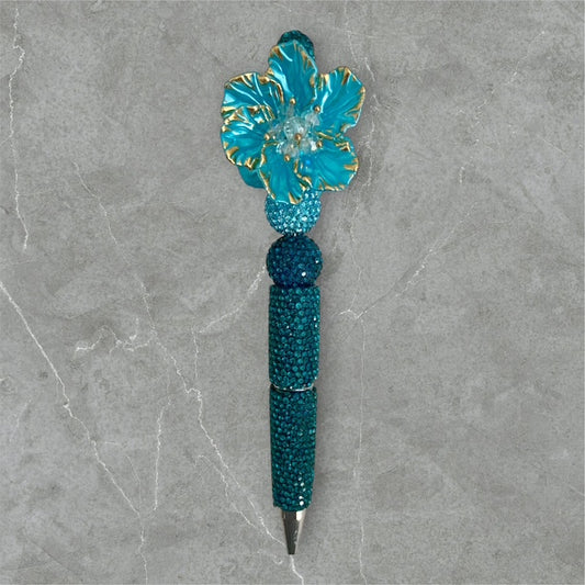 Gilded Teal Bloom - Beaded Pen