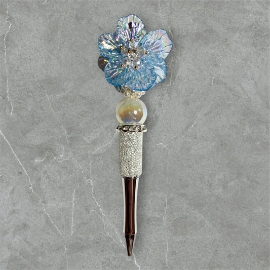 Glacier Bloom beaded pen with icy blue beads and floral accents