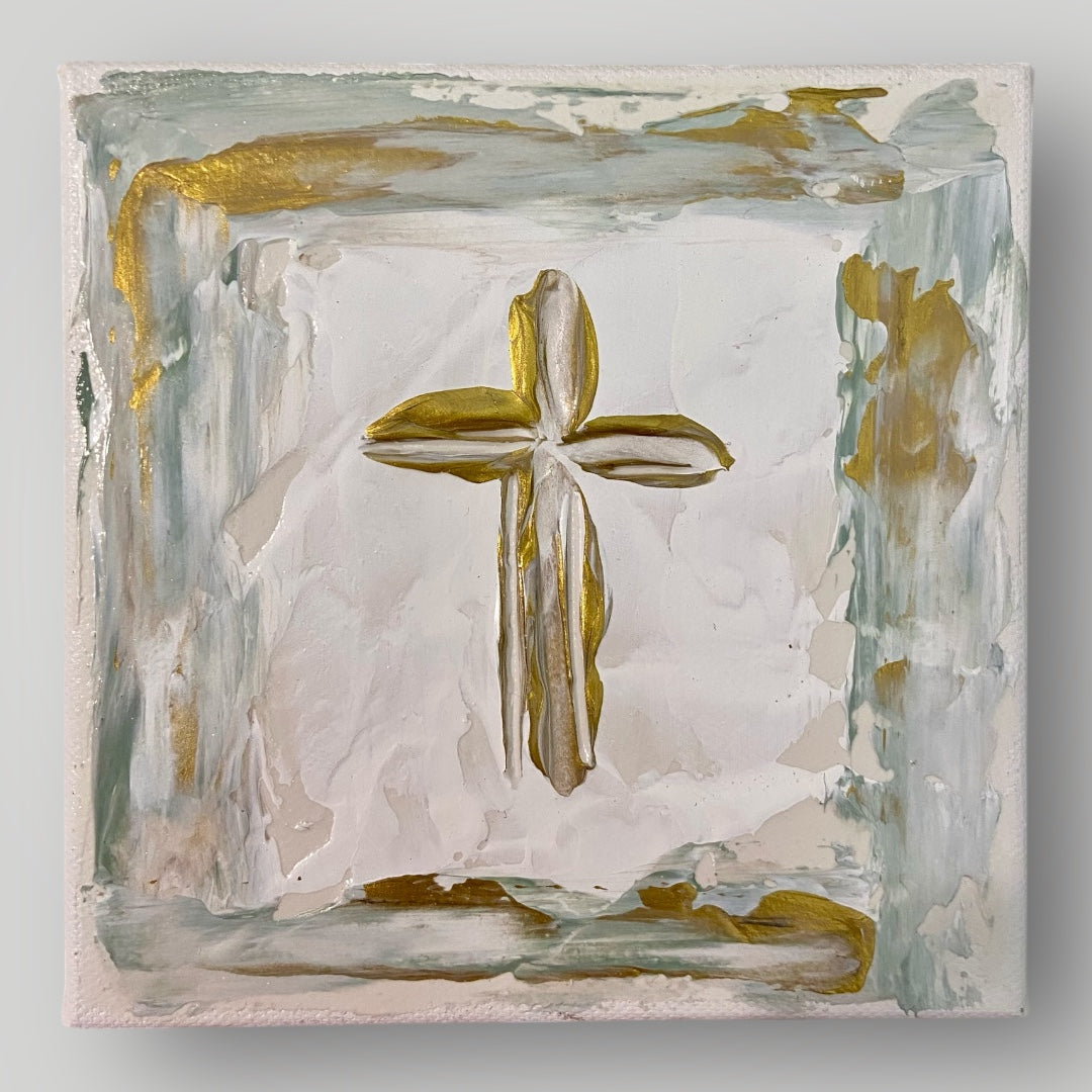 Gold and Light Teal Cross - Gospel Art Canvas