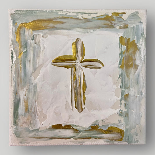 Gold and Light Teal Cross - Gospel Art Canvas