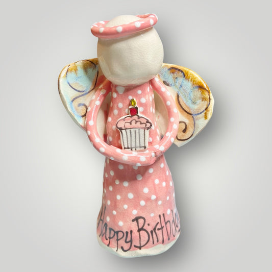 Happy Birthday Angel figurine with cupcake, hand‑sculpted and hand‑painted stoneware by Heartfelt Traditions Pottery