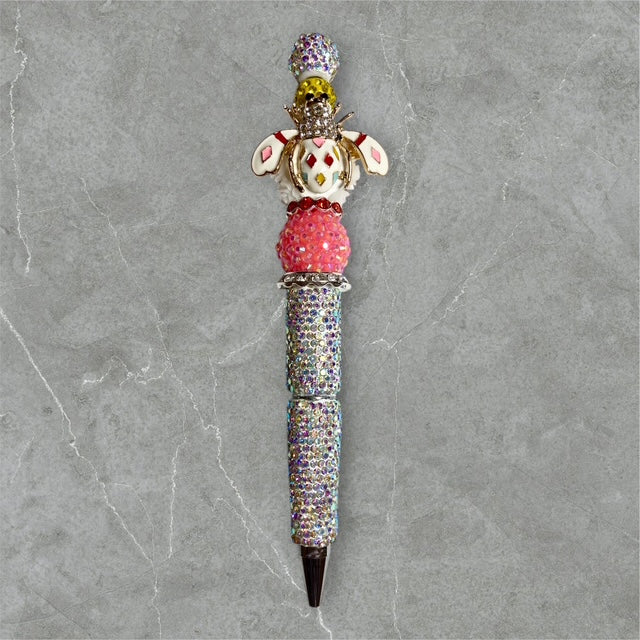 Harlequin Bee in White beaded pen with bee charm and white?gold beads
