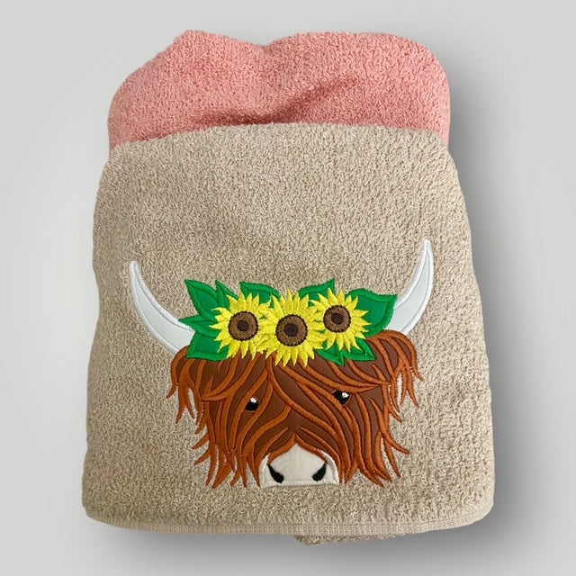 Highland Cow with Sunflowers Hooded Towel - Embroidered