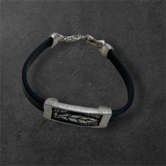 Leaf Black Leather Bracelet - Pewter - BL-107