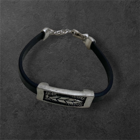 Leaf Black Leather Bracelet - Pewter - BL-107