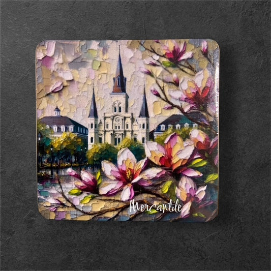NOLA Cathedral with Pink Magnolias - Magnet