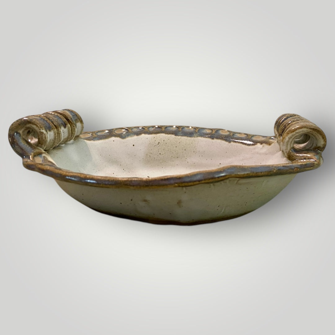 Oval Bowl with Curled Handles - Ivory Linen - Fingerprint Pottery