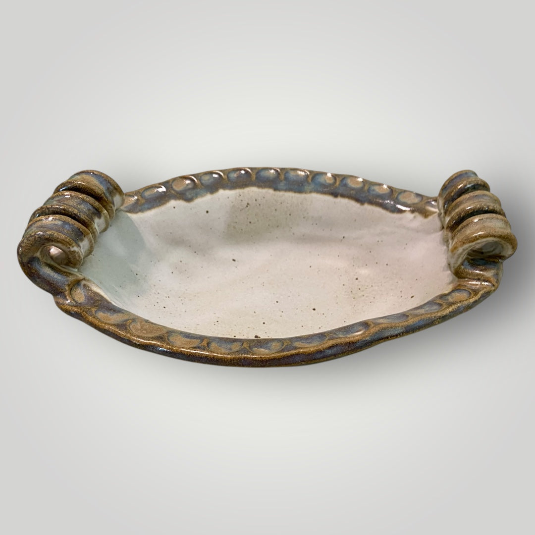 Oval Bowl with Curled Handles - Ivory Linen - Fingerprint Pottery