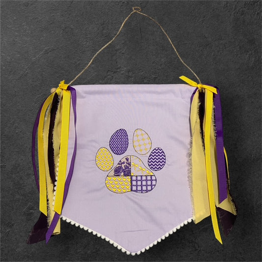 Patchwork Paw on Purple Banner with Streamers