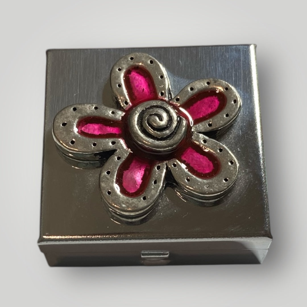 Pill Box Pink Flower - Pewter & Resin - PB23A