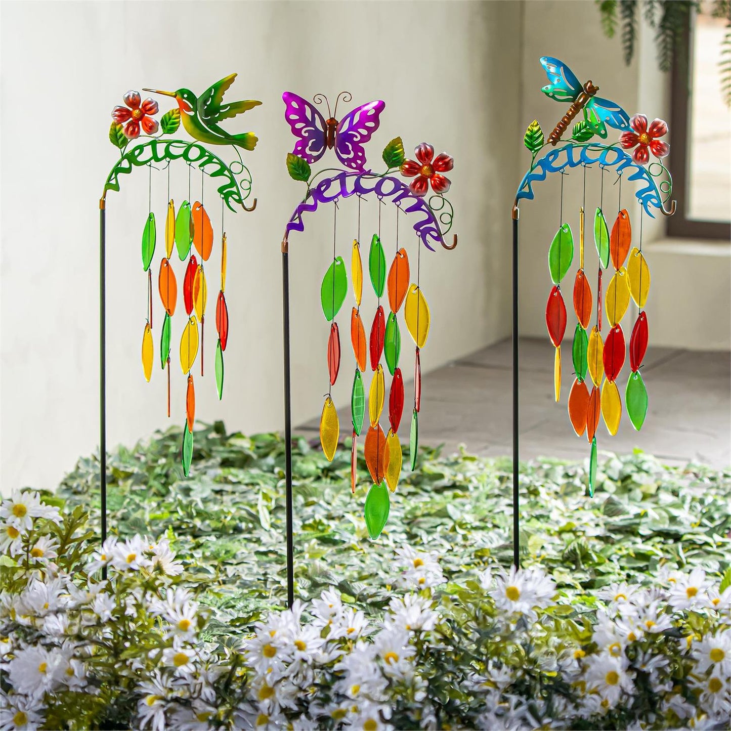 Pollinator Garden Metal Stake with Hanging Glass Decor, 36" – 3 Assorted Designs