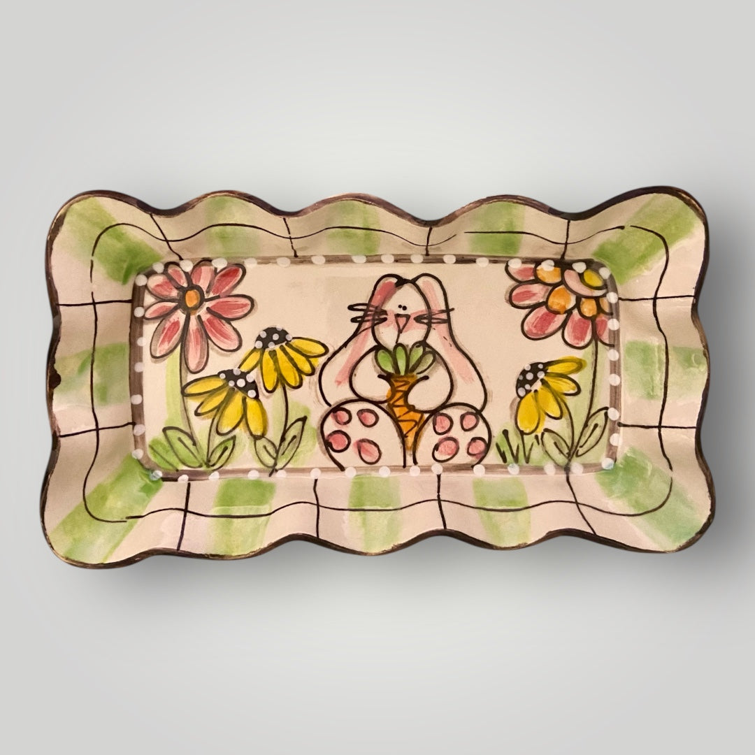 Rectangle Ruffle Tray - Green Plaid - Bunny Holding Carrot #2 - Heartfelt Traditions Pottery