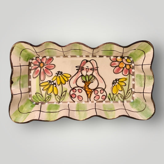 Rectangle Ruffle Tray - Green Plaid - Bunny Holding Carrot #2 - Heartfelt Traditions Pottery