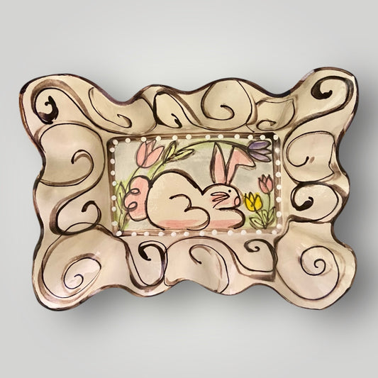 Rectangle Baking Dish - Bunny Profile with Tulips - Heartfelt Traditions Pottery