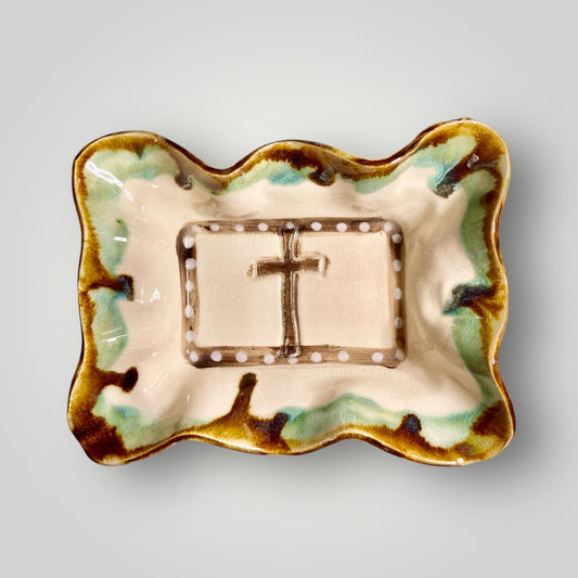 Rectangle Ruffle Dish with Cross - Teal and Brown Drip - Heartfelt Traditions Pottery